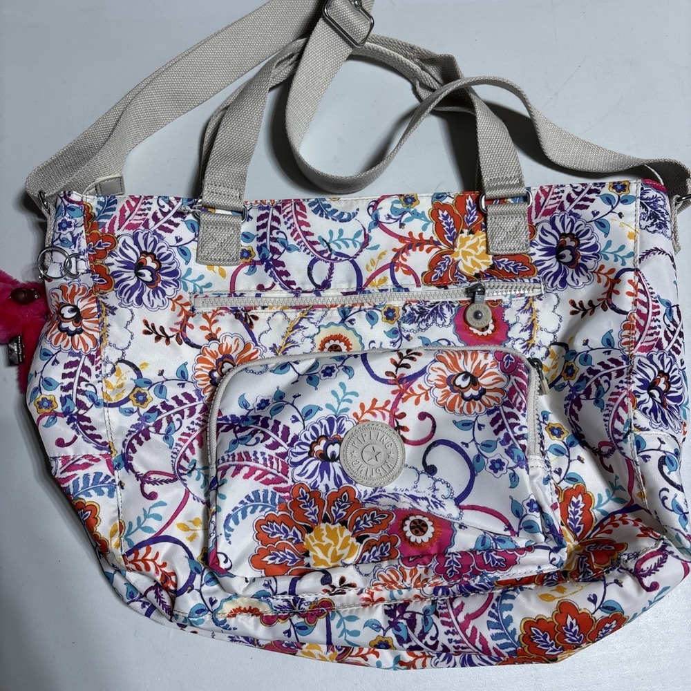 Authentic Kipling Dania Handbag Red Blue Purple Flowers Tan Strap